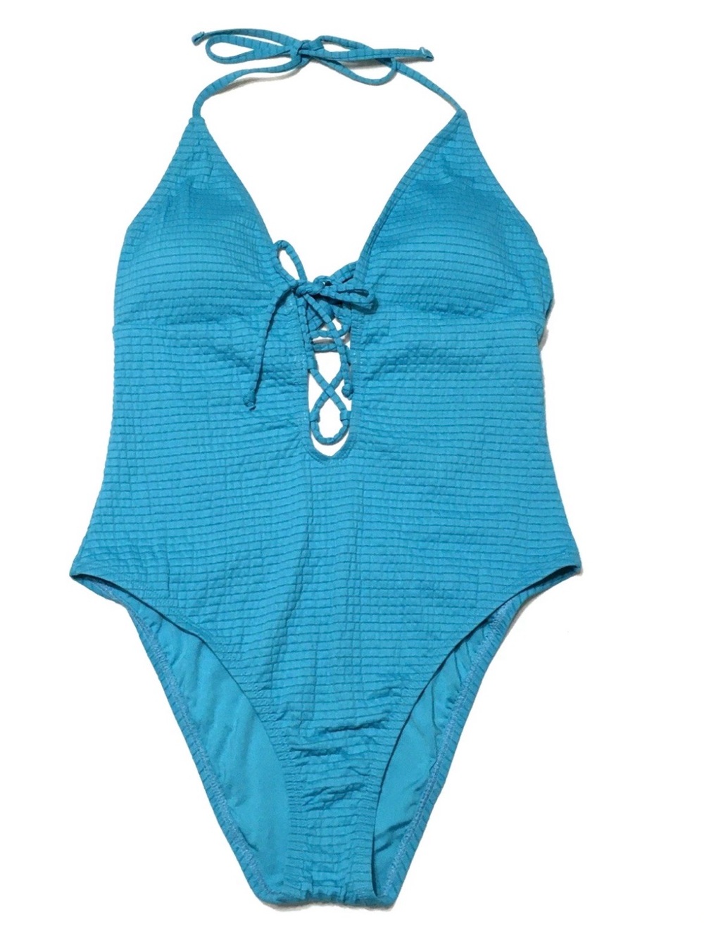 Lucky Brand Sexy Plunge One-Piece Halter Swimsuit Lace-Up Front, Turquoise S NWT